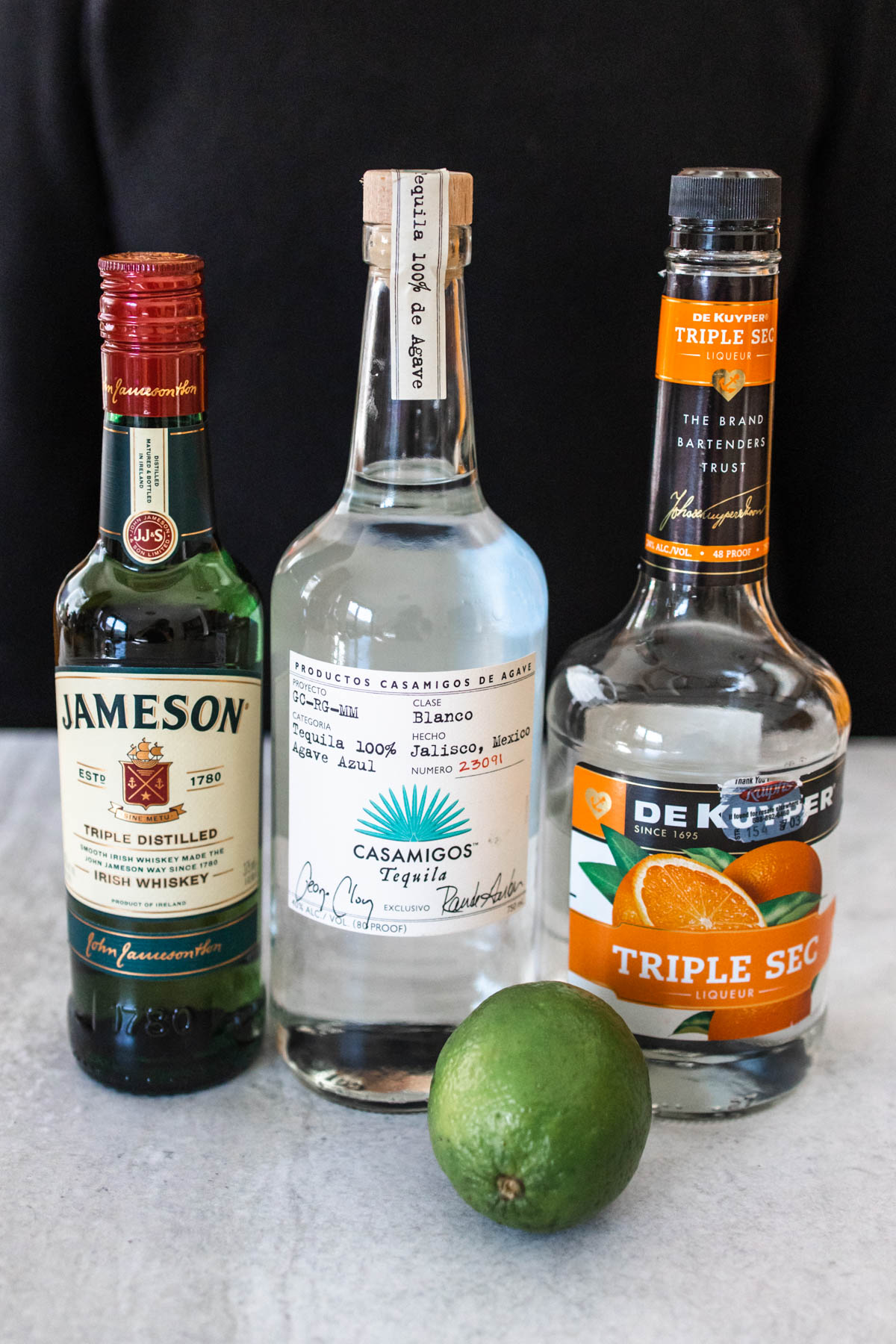 Ingredients to make a Jameson Irish Whiskey margarita.