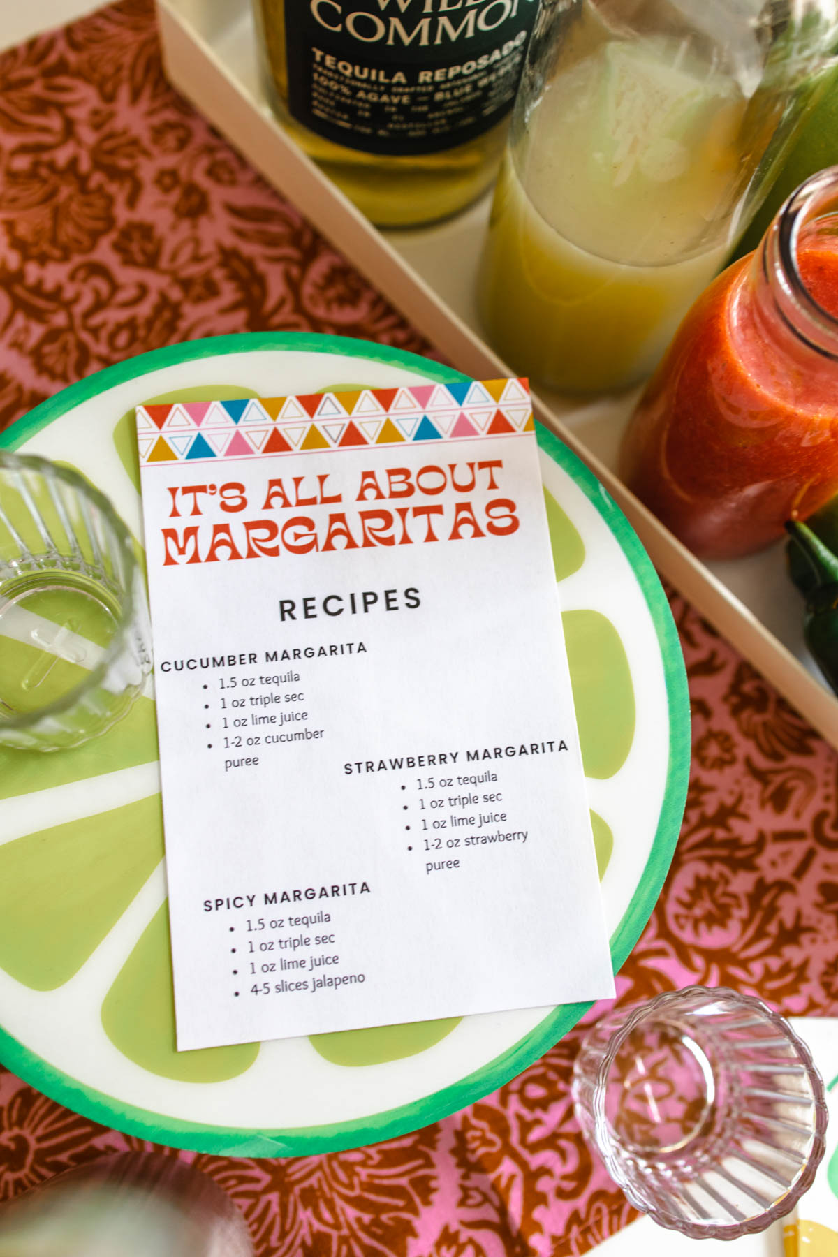 An "It's All About Margaritas Recipes" Printable on top of a plate that's painted like a huge lime slice.